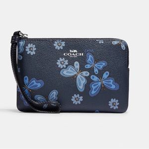 COACH Corner Zip Wristlet With Lovely Butterfly Print Blue